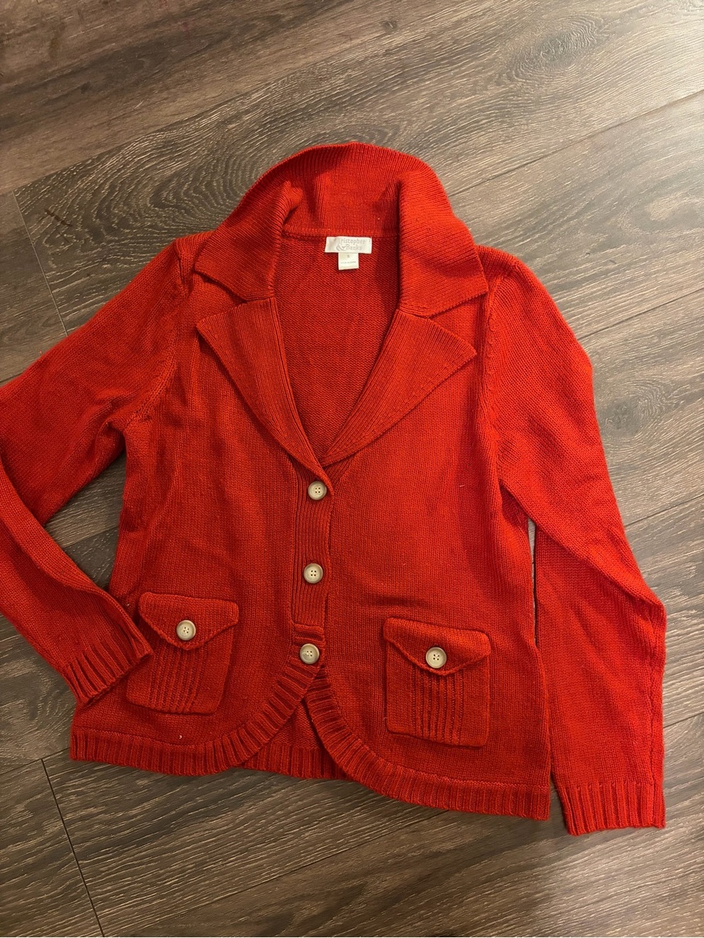 Vtg Christopher & Banks Red Knit Button-Front Cardigan Blazer Sweater Sm